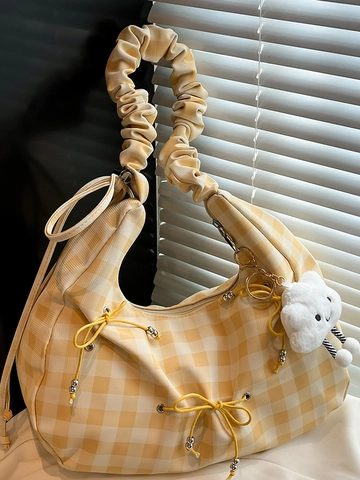 Dames Gingham Plaid PU Leren Schoudertas Met Geplooide Riem Strik Decor En Schattige Wolk Hanger Casual Onderarm Hobotas