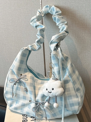 Dames Gingham Plaid PU Leren Schoudertas Met Geplooide Riem Strik Decor En Schattige Wolk Hanger Casual Onderarm Hobotas