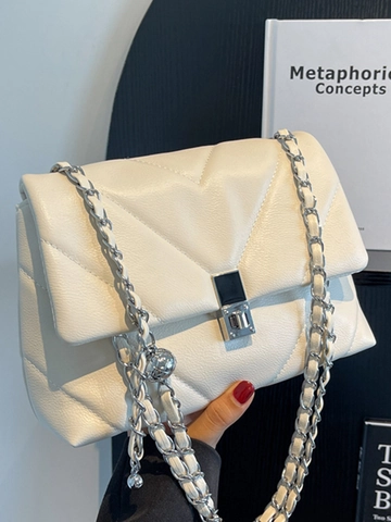 Women Fashion V-Quilted Underarm Bag PU Leather Shoulder Bag With Silver Metal Chain Strap Square Lock Daily Crossbody Bag