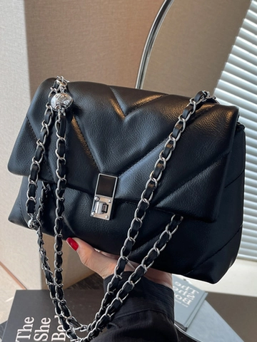 Women Fashion V-Quilted Underarm Bag PU Leather Shoulder Bag With Silver Metal Chain Strap Square Lock Daily Crossbody Bag