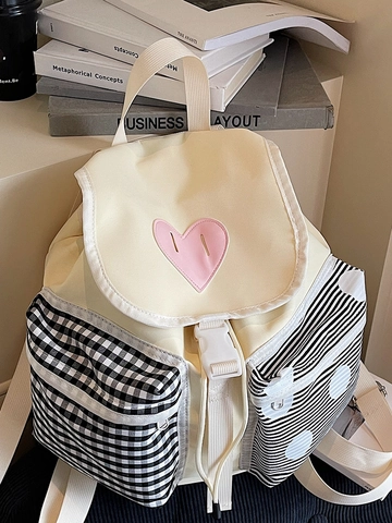 Mochila de Lona a la Moda para Mujer Bloque de Color Parche de Corazón Bolsa Escolar Contraste Cuadros Lunares Rayas Bolsa de Día