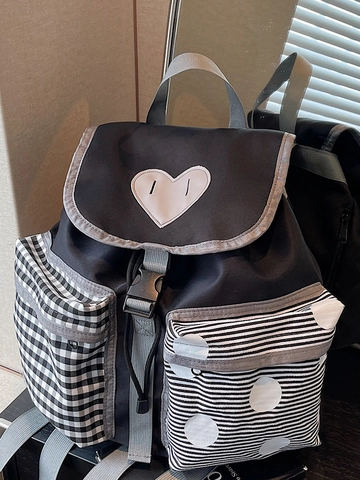 Mochila de Lona a la Moda para Mujer Bloque de Color Parche de Corazón Bolsa Escolar Contraste Cuadros Lunares Rayas Bolsa de Día