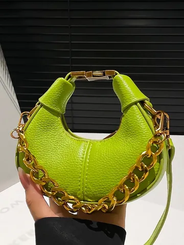 Borsa a Tracolla Donna Mini Mezzaluna Pelle PU Grana Litchi Elegante Borsa a Mano Con Catena Dorata Grossa Borsa a Spalla