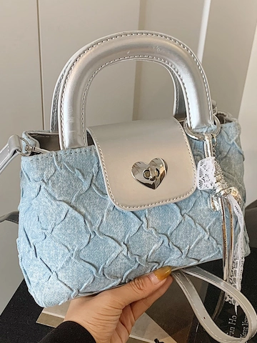 Borsa a Spalla da Donna in Denim Trendy con Motivo Trapuntato a Rombi e Chiusura a Cuore Argento Borsa a Tracolla Casual
