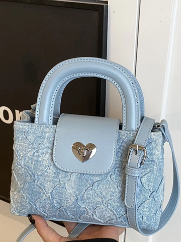 Borsa a Spalla da Donna in Denim Trendy con Motivo Trapuntato a Rombi e Chiusura a Cuore Argento Borsa a Tracolla Casual