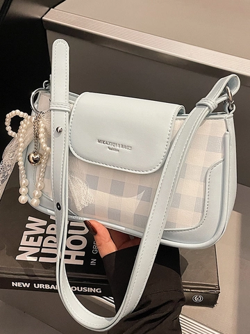 Women Fashion Plaid Polka Dot Underarm Shoulder Bag PU Leather Bow Artificial Pearl Lace Decoration Minimalist Urban Crossbody Purse