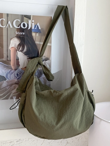 Bolso Hobo de Gran Capacidad para Mujer Bolso Bandolera de Nailon Casual Bolso de Hombro Urbano Simple con Decoración de Lazo