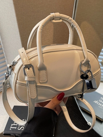 Bolso de Mano Retro de Cuero PU para Mujer Bolso de Hombro Cruzado de Moda Estilo Bowling Minimalista Con Colgante de Candado