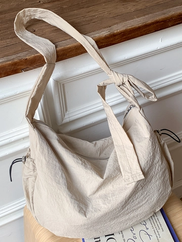 Bolso Hobo de Gran Capacidad para Mujer Bolso Bandolera de Nailon Casual Bolso de Hombro Urbano Simple con Decoración de Lazo