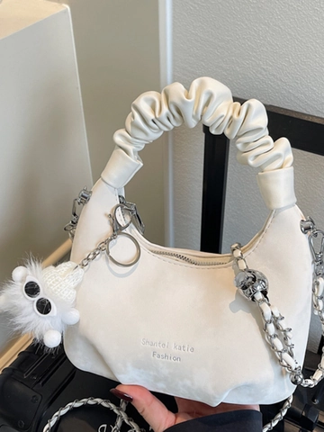 Sac Nuage en Cuir PU Minimaliste Femmes Sac à Épaule avec Poignée Plissée Chaîne en Métal et Charme en Peluche Sac Hobo