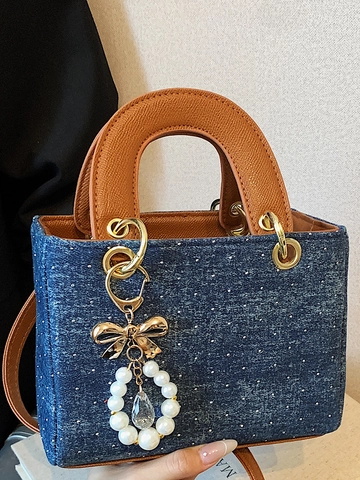Women Denim Polka Dot Shoulder Bag With Faux Leather Handle Rhinestone Artificial Pearl Bow Pendant Square Crossbody Handbag