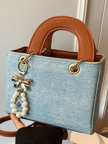 Women Denim Polka Dot Shoulder Bag With Faux Leather Handle Rhinestone Artificial Pearl Bow Pendant Square Crossbody Handbag