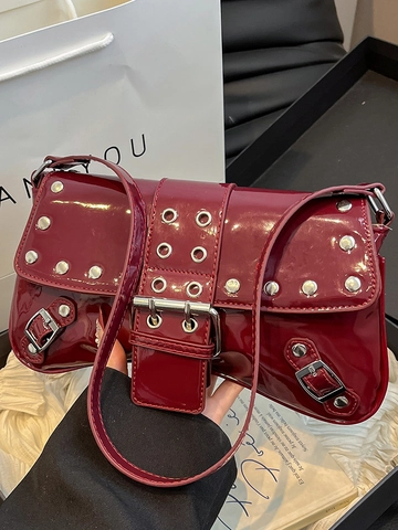 Bolso de Axila Y2K Punk con Remaches para Mujer Moda de Cuero de Patente PU Bolso de Hombro Vintage Hebilla Brillante Pequeño Bolso de Mano Casual