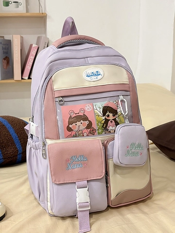 Japanese Style Contrast Color Splicing Nylon Ita Bag Large Capacity Student Backpack With Transparent PVC Pocket And Mini Pouch
