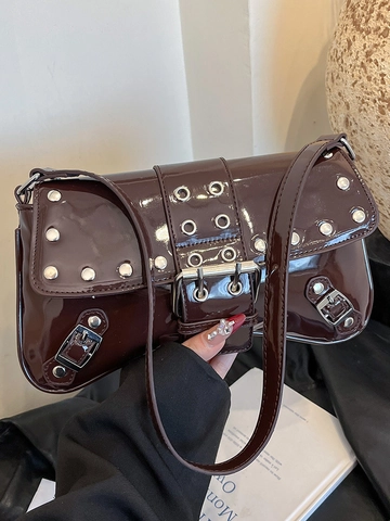 Bolso de Axila Y2K Punk con Remaches para Mujer Moda de Cuero de Patente PU Bolso de Hombro Vintage Hebilla Brillante Pequeño Bolso de Mano Casual