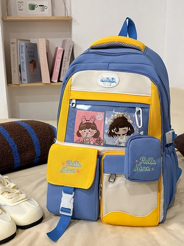 Japanese Style Contrast Color Splicing Nylon Ita Bag Large Capacity Student Backpack With Transparent PVC Pocket And Mini Pouch