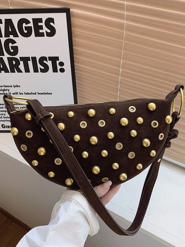 Sac Sous Le Bras Vintage À Rivets Pour Femmes En Cuir PU Style Motard Sac À Épaule Avec Oeillets En Métal Demi-Lune