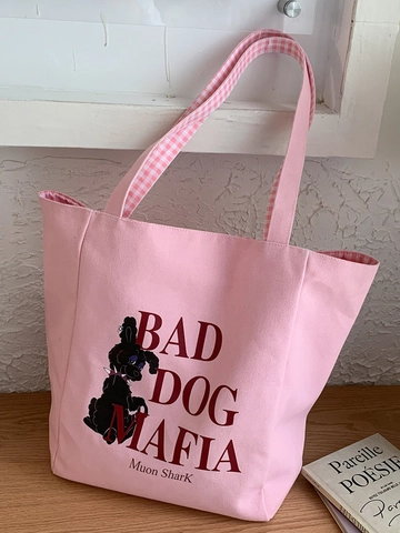 Borsa Tote in Tela da Donna Con Stampa Cartoon Fodera Gingham Grande Capacità Borsa a Tracolla per Studenti Pendolarismo