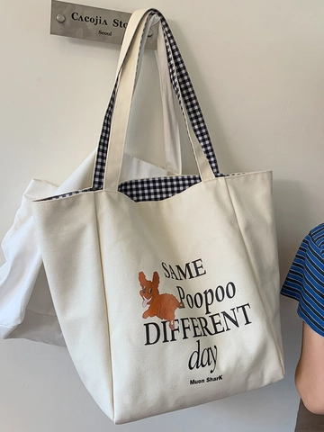 Borsa Tote in Tela da Donna Con Stampa Cartoon Fodera Gingham Grande Capacità Borsa a Tracolla per Studenti Pendolarismo