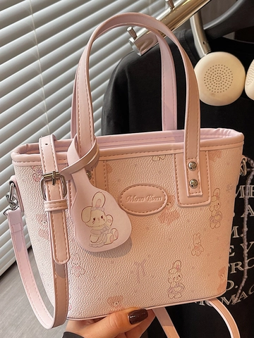 Damen Cartoon Hase Bär Druck PU Leder Umhängetasche Mode Nähte Eimer Crossbody Tasche Mit Verstellbarem Riemen Tägliche Handtasche