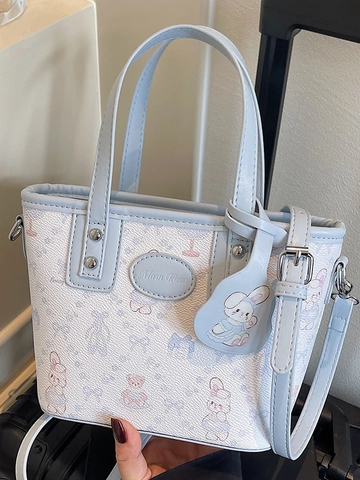 Damen Cartoon Hase Bär Druck PU Leder Umhängetasche Mode Nähte Eimer Crossbody Tasche Mit Verstellbarem Riemen Tägliche Handtasche