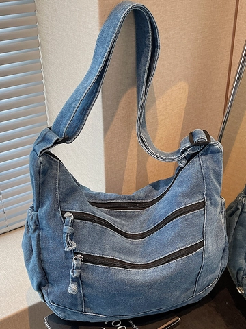 Vintage Denim Umhängetasche Für Damen Große Kapazität Gewaschene Stoff Crossbody-Tasche Lazy-Stil Harajuku Tote Bag Mit Mehreren Taschen