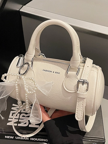 Women PU Leather Cylinder Shoulder Bag With Artificial Pearl Lace Bow Pendant Solid Color Boston Handbag Crossbody Bag