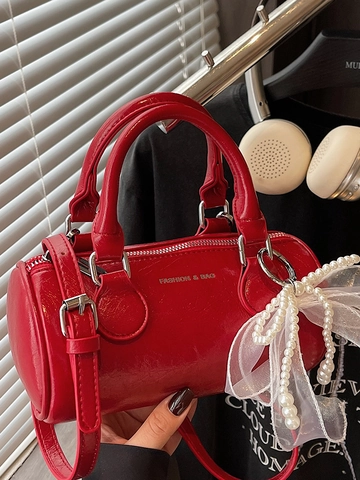 Women PU Leather Cylinder Shoulder Bag With Artificial Pearl Lace Bow Pendant Solid Color Boston Handbag Crossbody Bag