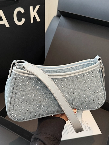 Damen Denim Nieten Achseltasche Retro Y2K Umhängetasche Denim Stoff Spleißen Casual Crossbody Tasche Pendler Mode Handtasche