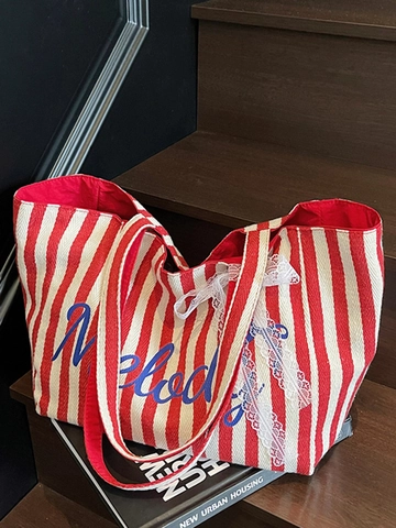 Borsa Tote in Tela a Righe da Donna Grande Capacità Stampa Grafica con Lettere Borsa a Tracolla con Fiocco in Pizzo Dolce Borsa da Giorno