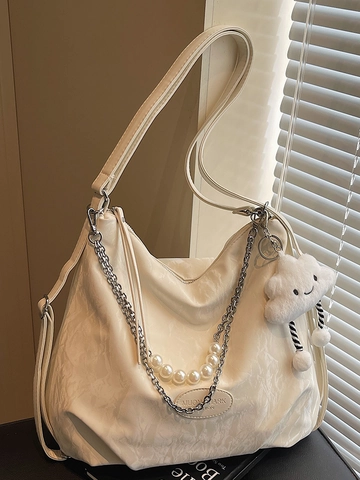 Urban Minimalistisch Damen Schultertasche Mit Großer Kapazität Faltenstruktur PU Leder Tote Mit Perlenkette Und Wolkenanhänger