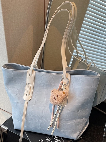 Borsa Tote da Donna di Grande Capacità alla Moda con Goffratura Coccodrillo in Pelle PU Borsa a Tracolla con Ciondolo Orsetto di Peluche