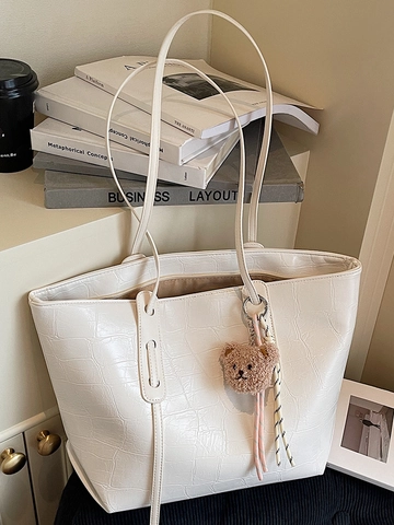 Borsa Tote da Donna di Grande Capacità alla Moda con Goffratura Coccodrillo in Pelle PU Borsa a Tracolla con Ciondolo Orsetto di Peluche
