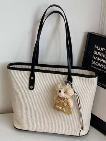 Sac Cabas en Cuir PU Grande Capacité pour Femmes Sac à Épaule Décontracté Style Urbain Simple Avec Pendentif Ours pour Usage Quotidien