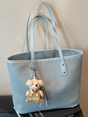 Sac Cabas en Cuir PU Grande Capacité pour Femmes Sac à Épaule Décontracté Style Urbain Simple Avec Pendentif Ours pour Usage Quotidien