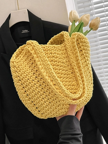 Handmade Straw Woven Tote Bag Large Capacity Hollow Out Crochet Shoulder Bag For Women Summer Beach Vacation Casual Style