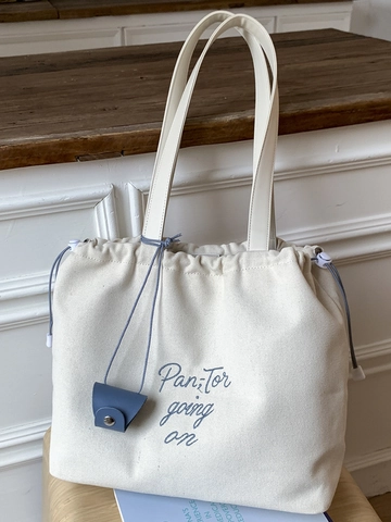 Borsa Tote in Tela da Donna Grande Capacità Borsa a Tracolla con Coulisse e Ricamo di Lettere Casual Fresca Borsa per Scuola e Pendolari