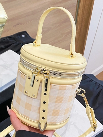 Borsa a Secchiello Cilindrica a Scacchi da Donna Borsa a Mano in Pelle PU Rivetto Cerniera Borsa a Tracolla Borsa Messenger
