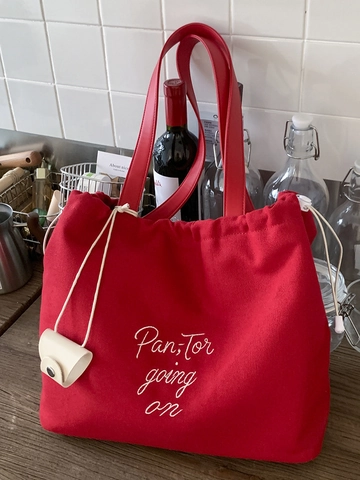 Borsa Tote in Tela da Donna Grande Capacità Borsa a Tracolla con Coulisse e Ricamo di Lettere Casual Fresca Borsa per Scuola e Pendolari