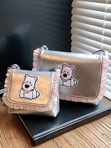 Sac à Épaule Doux à Pois Broderie Chien de Dessin Animé Bord Volanté en Cuir PU Métallique Brillant pour Femmes Filles
