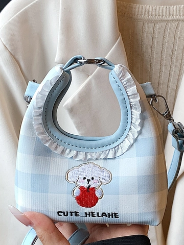 Borsa a Spalla Mini Plaid Ricamo Cucciolo Donna Borsa a Mano con Volant e Pizzo in Pelle PU Borsa a Secchiello Daily Bag