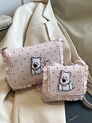 Sac à Épaule Doux à Pois Broderie Chien de Dessin Animé Bord Volanté en Cuir PU Métallique Brillant pour Femmes Filles