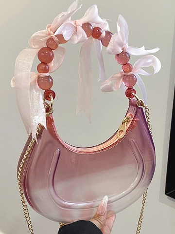 Sac Croissant Transparent en PVC pour Femme Poignée en Perles Avec Décoration de Nœud Petit Sac à Bandoulière Hobo pour Fête Quotidienne