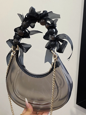 Sac Croissant Transparent en PVC pour Femme Poignée en Perles Avec Décoration de Nœud Petit Sac à Bandoulière Hobo pour Fête Quotidienne