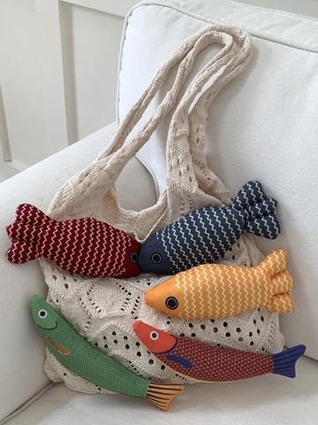 Women Vintage Knitted Crochet Tote Bag Color Block Patchwork Shoulder Bag With Tassel 3D Fish Decoration Summer Literary Purse