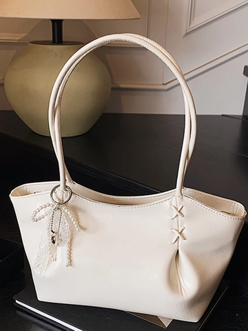 Women Large Capacity Tote Bag Glossy PU Leather Pleated Shoulder Bag With Artificial Pearl Lace Bow Ribbon Charm Daily Handbag