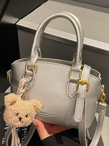Damen Casual PU Leder Kontrastfarbe Schultertasche Urban Simple Kleine Handtasche Mit Bärenanhänger Crossbody Tasche
