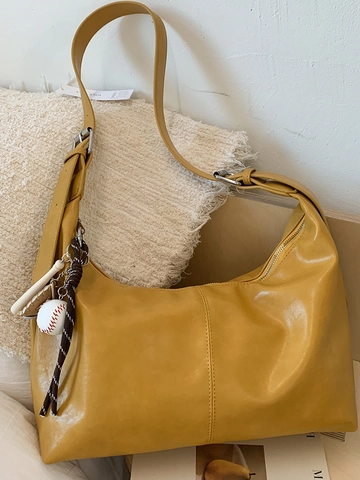 Retro Solid Color PU Leather Hobo Bag For Women 2025 Summer Preppy Style Large Capacity Shoulder Bag With Baseball Charm