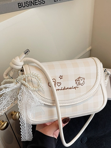 Sac à Épaule Gingham Doux pour Femmes Cuir PU Brodé Coeur Étoile Sac Sous l'Aisselle Avec Pendentif Noeud Perle Dentelle