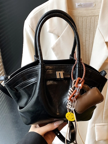 Women PU Leather Casual Dumpling Tote Bag Simple Commuting Shoulder Crossbody Bag With Adjustable Strap And Mini Charm